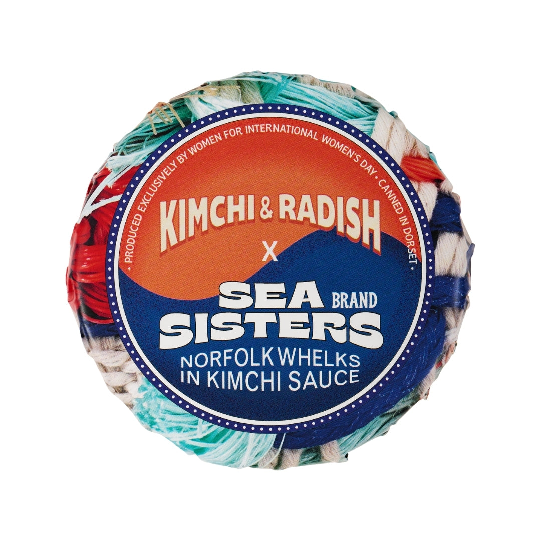 A round wrapped can labelled 'Kimchi & Radish x Sea Sea Sisters Norfolk Whelks in Kimchi Sauce' on a plain white background.