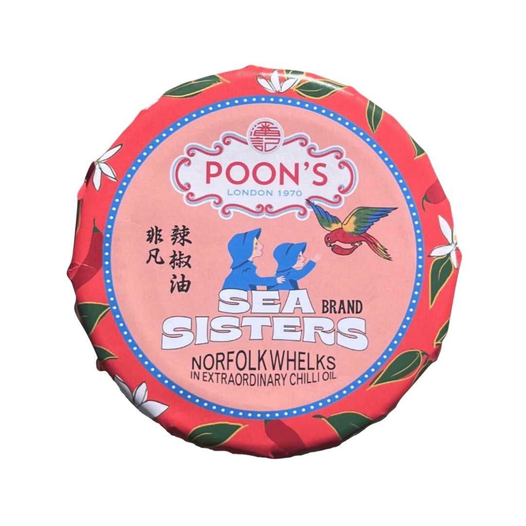 A round wrapped tinned norfolk whelk can, from Poon's and Sea Sisters, featuring a red and pink label with illustrations of a bird and two figures, on a plain white background.